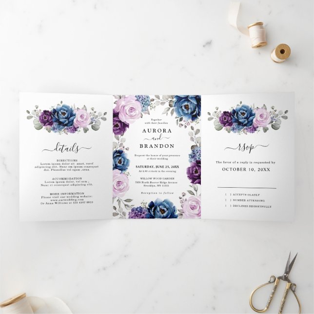 Dusty Blue Purple Navy Lilac Blooms Wedding Tri-Fold Announcement (Inside)