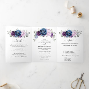 Dusty Blue Purple Navy Lilac Blooms Wedding Tri-Fold Announcement