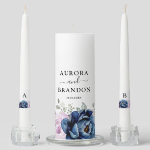 Dusty Blue Purple Navy Lilac Blooms Wedding Unity Candle Set