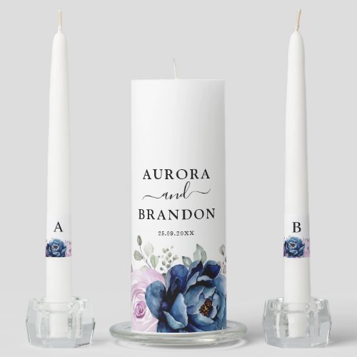 Dusty Blue Purple Navy Lilac Blooms Wedding Unity Candle Set