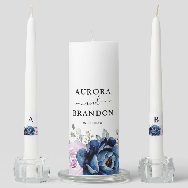 Dusty Blue Purple Navy Lilac Blooms Wedding Unity Candle Set (Front)