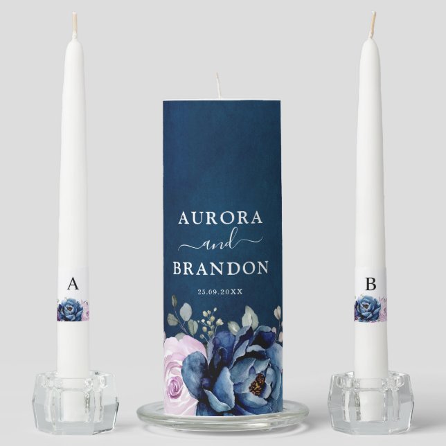 Dusty Blue Purple Navy Lilac Blooms Wedding Unity  Unity Candle Set (Front)