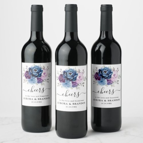 Dusty Blue Purple Navy Lilac Blooms Wedding Wine L Wine Label