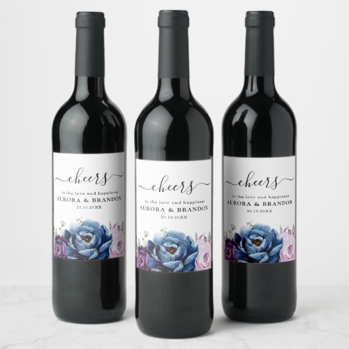Dusty Blue Purple Navy Lilac Blooms Wedding Wine Label