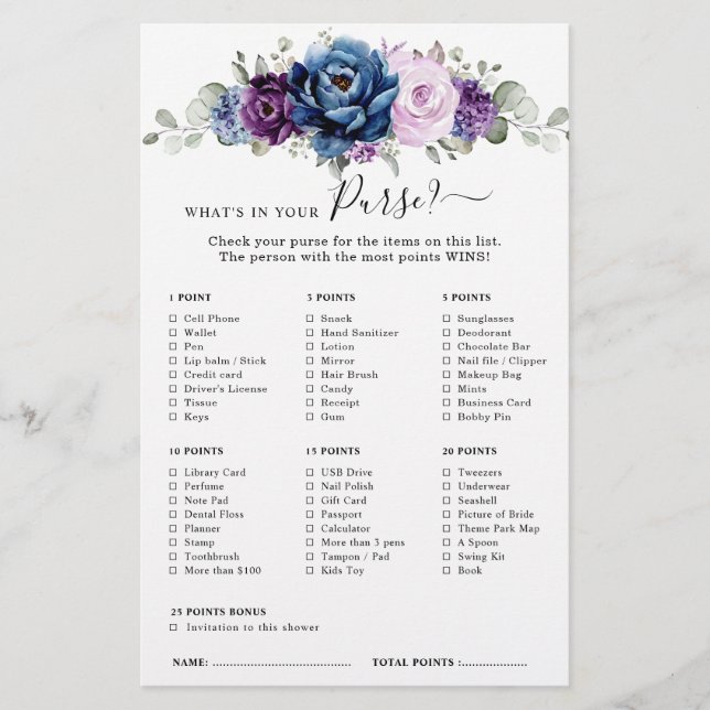Dusty Blue Purple Navy Lilac Bridal Shower Game (Front)