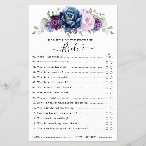 Dusty Blue Purple Navy Lilac  Bridal Shower Game