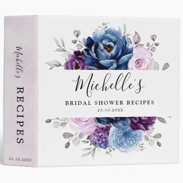 Dusty Blue Purple Navy Lilac Bridal Shower Recipes 3 Ring Binder (Front/Spine)