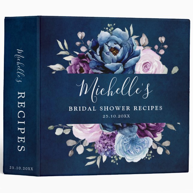 Dusty Blue Purple Navy Lilac Bridal Shower Recipes 3 Ring Binder (Front/Spine)