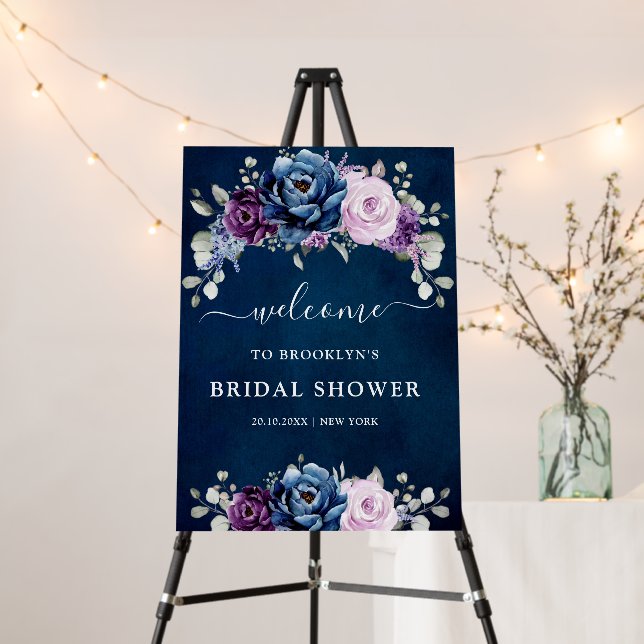 Dusty Blue Purple Navy Lilac Bridal Shower Welcome Foam Board (In Situ (Stand))