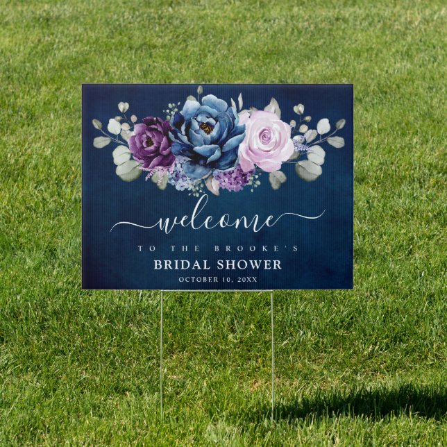 Dusty Blue Purple Navy Lilac Bridal Shower Welcome Sign (Insitu)
