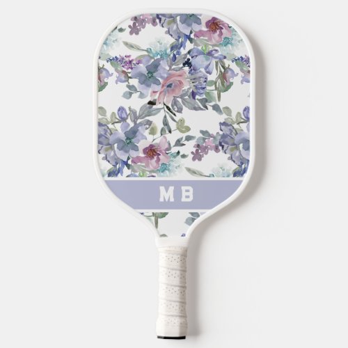 Dusty Blue Purple Watercolor Floral Monogram  Pickleball Paddle