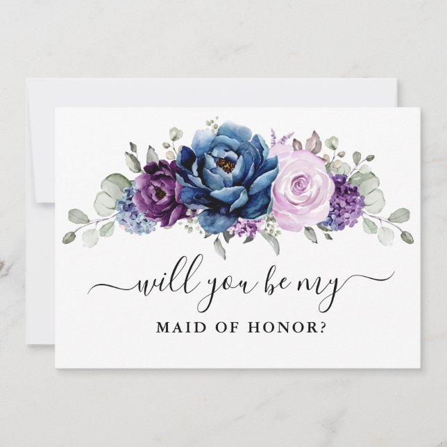Dusty Blue Purple Will you be my Maid of Honor Invitation (Front)
