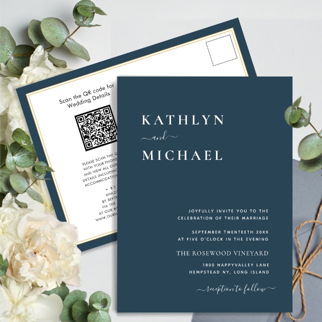 Dusty Blue QR Code All In One Modern Chic Wedding Invitation Postcard (Creator Uploaded)