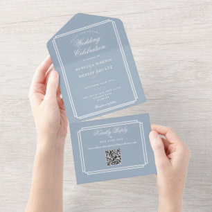 Dusty Blue QR Code Art Deco Monogram Wedding All In One Invitation