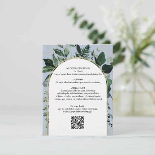 Dusty Blue QR code Botanical wedding details card 