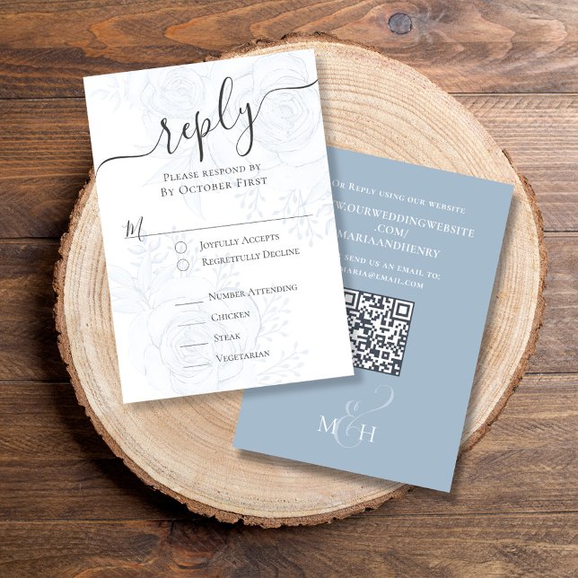 Dusty Blue QR Code Floral Classic Meal Choice RSVP Card (Classic RSVP card with elegant blue floral design with classic meal choice )