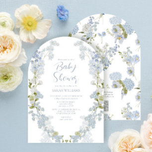 Dusty Blue QR Code Floral Watercolor Baby Shower Invitation