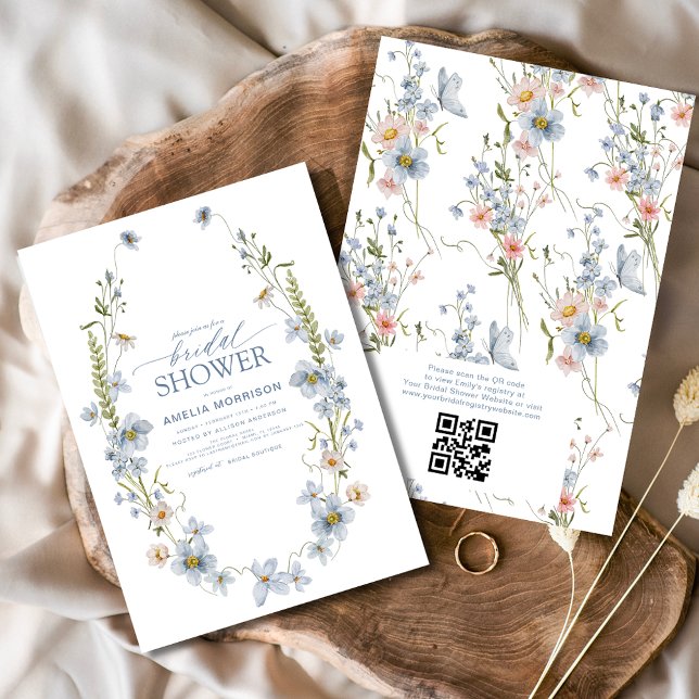 Dusty Blue QR Code Garden Vintage Bridal Shower Invitation (Creator Uploaded)