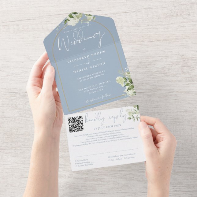 Dusty Blue QR Code Gold Arch Greenery Wedding All In One Invitation (Tearaway)