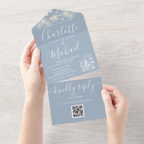 Dusty Blue QR Code Mason Jars String Light Wedding All In One Invitation