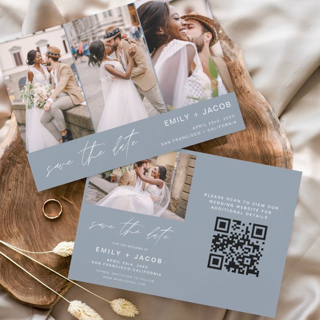 Dusty Blue QR Code Modern Save the Date 4 Photo (Creator Uploaded)