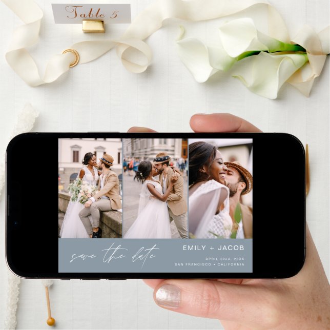 Dusty Blue QR Code Modern Save the Date 4 Photo (Front Digital)
