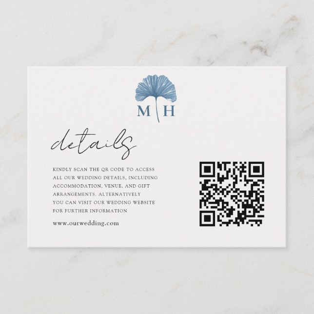 Dusty Blue QR Code Monogram Wedding Details Enclosure Card (Front)