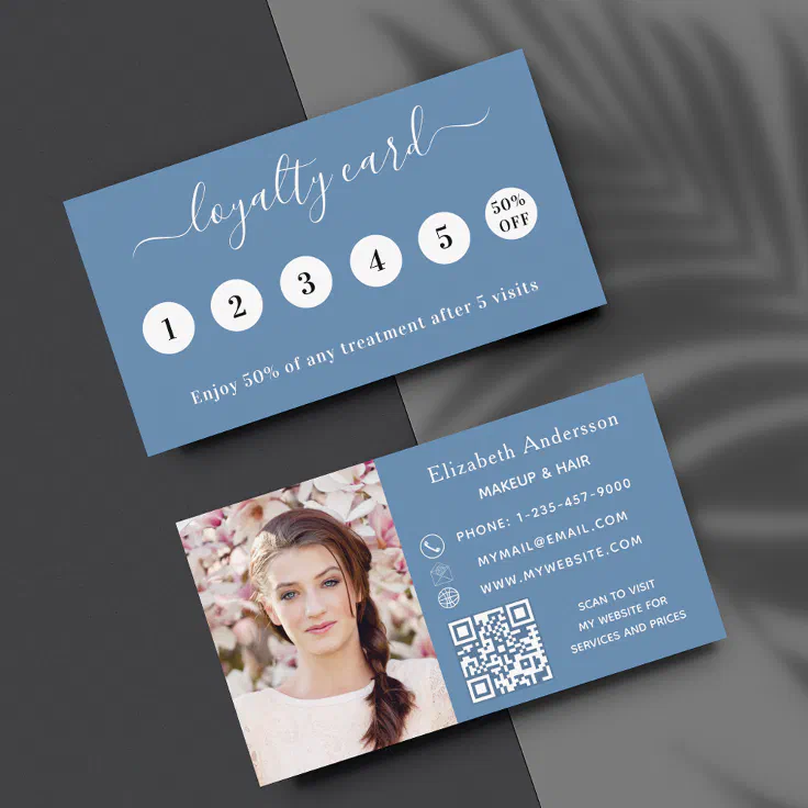 Dusty blue QR code photo business loyalty card Zazzle