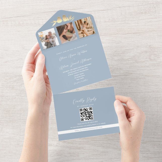 Dusty Blue QR Code Photo Wedding All In One Invitation (Tearaway)
