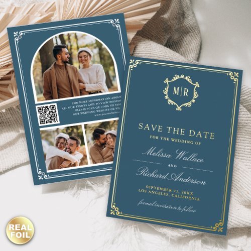 Dusty Blue QR Code Photo Wedding Save the Date Foil Invitation