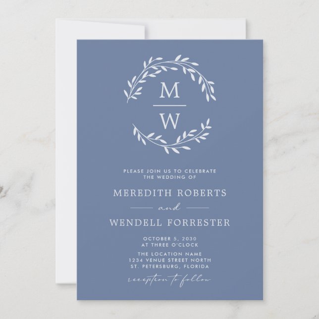 Dusty Blue QR Code RSVP Monogram Wreath Wedding Invitation (Front)