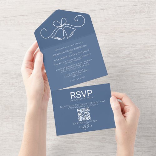 Dusty Blue QR Code RSVP Wedding All In One Invitation