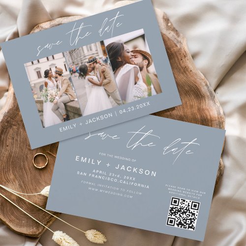 Dusty Blue QR Code Save the Date  Modern 3 Photo
