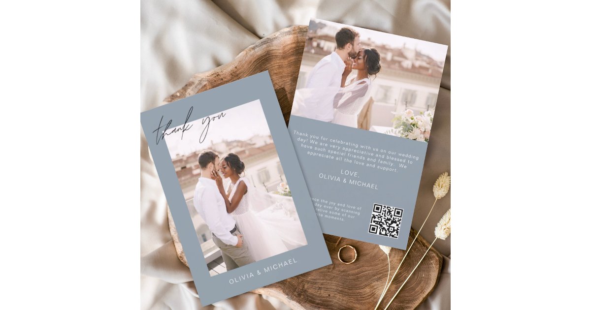 Dusty Blue QR Code Wedding Thank You Photo Card | Zazzle