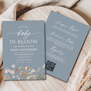 Dusty Blue QR Code Wildflower Baby in Bloom Invitation