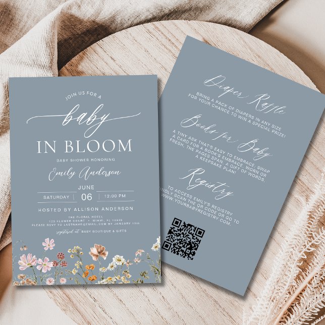 Dusty Blue QR Code Wildflower Baby in Bloom Invitation (Creator Uploaded)
