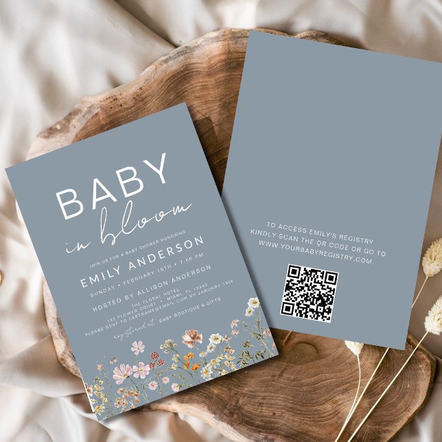 Dusty Blue QR Code Wildflower Baby in Bloom Shower Invitation (Creator Uploaded)