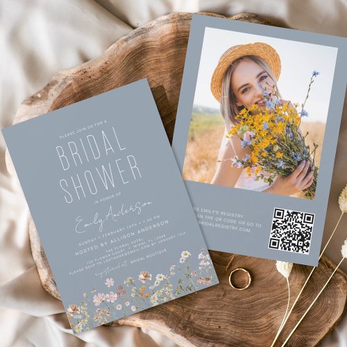 Dusty Blue QR Code Wildflower Bridal Shower Photo Invitation