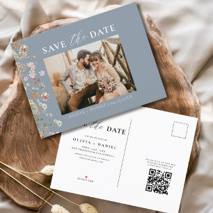 Dusty Blue QR Code Wildflower Floral Wedding Announcement Postcard