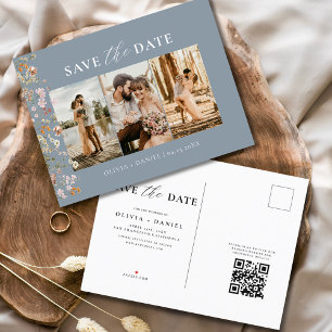 Dusty Blue QR Code Wildflower Floral Wedding Announcement Postcard
