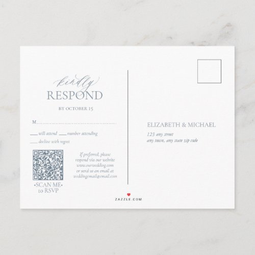 Dusty Blue QR Leafy Crest Monogram Wedding RSVP Invitation Postcard