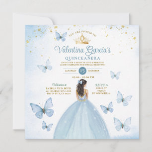 Dusty Blue Quinceañera 15 Anos Butterfly Gold Invitation