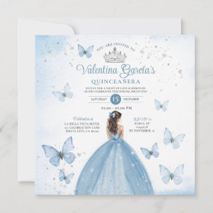 Dusty Blue Quinceañera 15 Anos Butterfly Silver Invitation