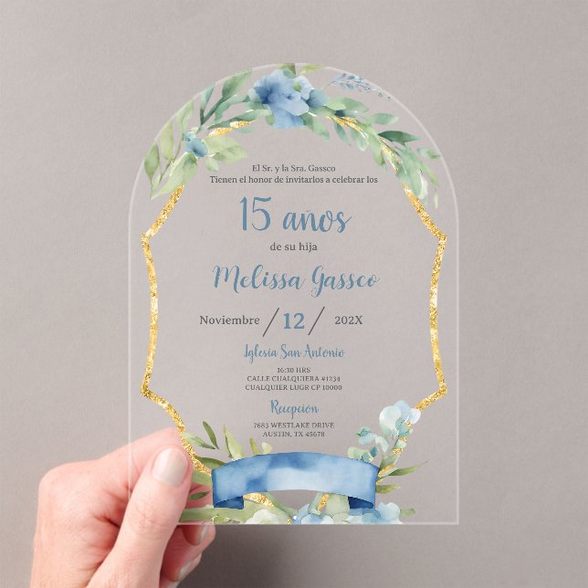 Dusty Blue Quinceañera Acrylic Invitations (Insitu (Handheld))