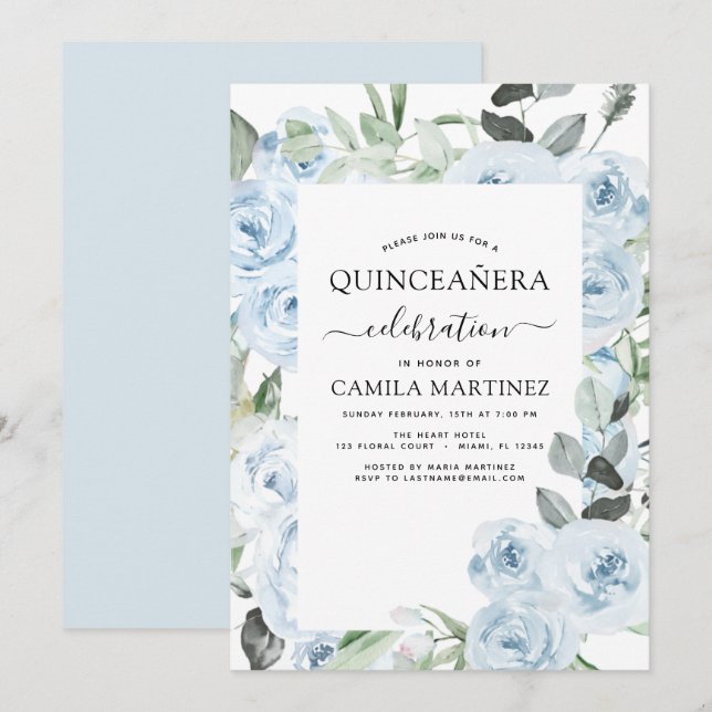 Dusty Blue Quinceañera Floral Invitation (Front/Back)