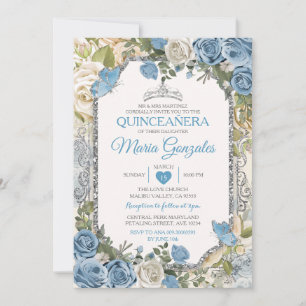 Dusty Blue Quinceañera Silver Crown Butterfly Invitation