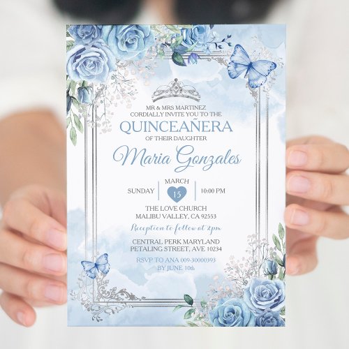 Dusty Blue Quinceaera Silver Crown Butterfly Invitation