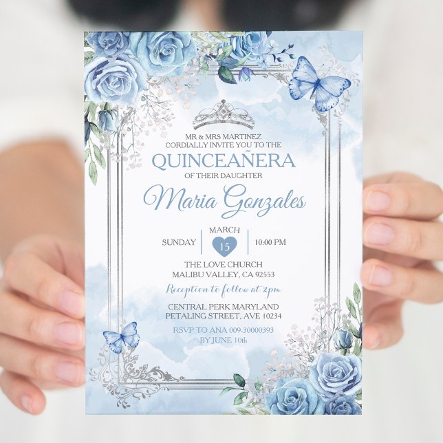 Dusty Blue Quinceañera Silver Crown Butterfly Invitation (Creator Uploaded)