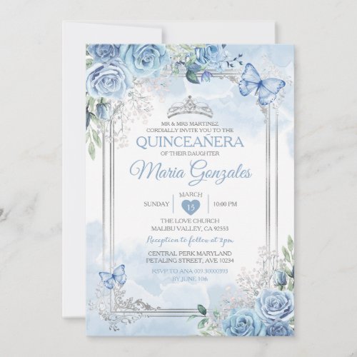 Dusty Blue Quinceaera Silver Crown Butterfly Invitation