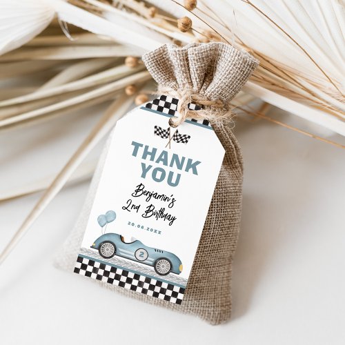 Dusty Blue Race Car Two Fast Boy Birthday Favors Gift Tags